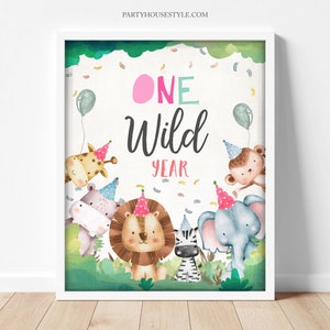 Animals One Wild Year Birthday Sign Party Wild One First Birthday 1st Safari Girl Pink Baby Party Animals Zoo Decor Download Printable 0001