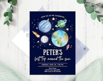 Editable Galaxy Space First Birthday Invitation Space Blast Off First Trip Around the Sun Digital Download Template Printable Evite 0002