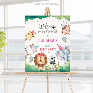 Editable Party Animals Welcome Sign Girl Birthday Party Safari Animals Sign Zoo Welcome Jungle Table Sign Template Printable Corjl 0001
