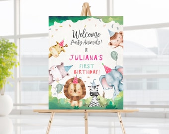 Editable Party Animals Welcome Sign Girl Birthday Party Safari Animals Sign Zoo Welcome Jungle Table Sign Template Printable Corjl 0001