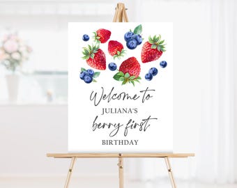 Editable Berry First Birthday Welcome Sign Strawberry Blueberry Party Welcome Farmers Market Girl Realistic Strawberry Printable Corjl 0008