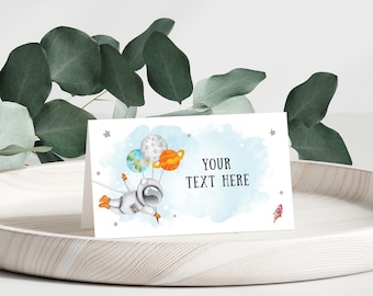 Editable Food Labels Orange Planets Birthday Galaxy Food Labels Place Card Tent Insert Orange Astronaut Card Escort Card Template Corjl 0004