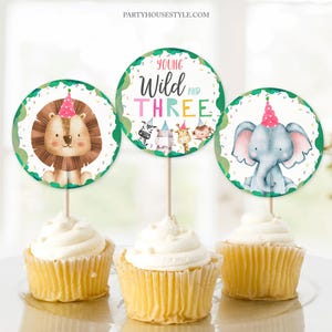 Party Animals Cupcake Toppers Favor Tags Birthday Party Decoration Animals Zoo Safari Young Wild and Three Digital Download Printable 0001