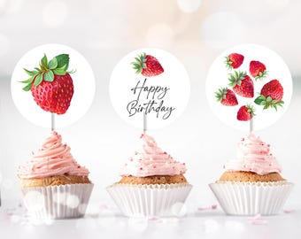 Strawberry Birthday Cupcake Toppers Favor Tags Girl First Birthday Party Decor Berry Sweet 1st Strawberries Digital Download Printable 0008