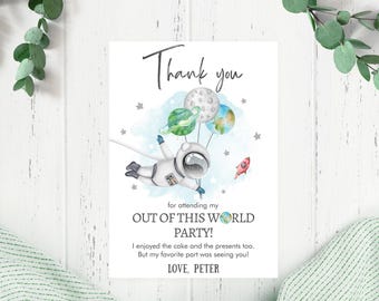 Editable Galaxy Space Birthday Thank You Card Space Astronaut Thank You Note Planets Boy Blue Template Printable Download Digital 0004