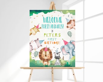 Editable Party Animals Birthday Welcome Sign Safari Animals Sign Welcome Jungle Sign Birthday Animals Boy Template Printable Corjl 0001