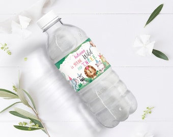 Editable Water Bottle Labels Party Animals Girl Birthday Young Wild and Three Birthday Decor Animals Safari Template Printable Corjl 0001