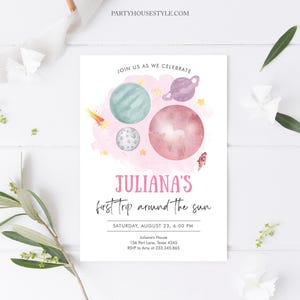 Editable Space Galaxy Outer Girl First Birthday Invitation Blast Off First Trip Around the Sun Pink Digital Template Printable Corjl 0002