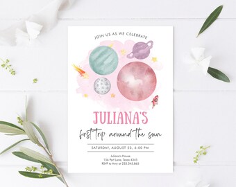 Editable Space Galaxy Outer Girl First Birthday Invitation Blast Off First Trip Around the Sun Pink Digital Template Printable Corjl 0002