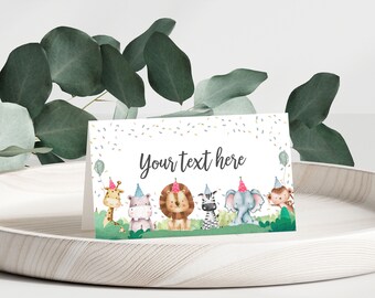 Editable Party Animals Food Labels Wild One Neutral Jungle Safari Animals Birthday Place Card Tent Card Escort Card Template Corjl 0001