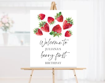 Editable Strawberry Welcome Sign Strawberry Birthday Welcome Farmers Market Girl Berry First Strawberry Template Printable Corjl 0008