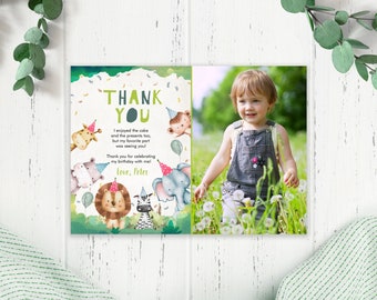 Editable Thank You Card Birthday Safari Animals Wild One Two Wild Thank You Note Boy Green Zoo Party Jungle Template Printable Corjl 0001