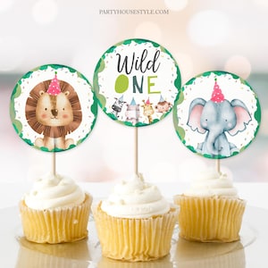 Party Animals Cupcake Toppers Favor Tags Birthday Party Decoration Animals Zoo Safari 1st Birthday Wild One Digital Download Printable 0001