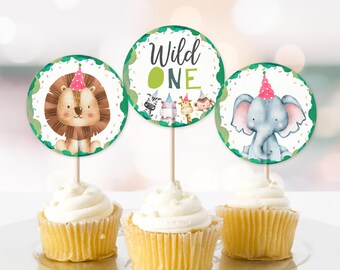 Adornos para cupcakes con temática de animales de fiesta, etiquetas de recuerdo, decoración para fiesta de cumpleaños, animales de zoológico, safari, primer cumpleaños, salvaje, descarga digital imprimible 0001