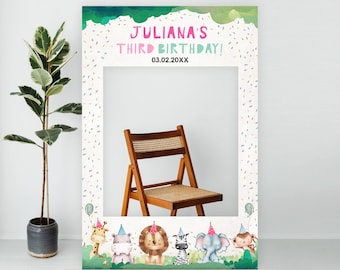 Editable Party Animals Birthday Photo Booth Sign Frame Safari Girl Birthday ANY AGE Party Photo Poster Decor Template Digital Corjl 0001