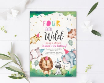 Vier Ever Wild Einladung Safari Tiere Party Tiere Mädchen Rosa Vierter Geburtstag Zoo Digitale Vorlage Printable Corjl 0001