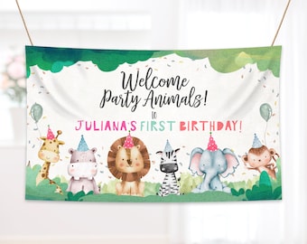 Editable Party Animals Birthday Backdrop Banner Welcome Safari Animals Girl Pink First Birthday Sign Download Printable Template Corjl 0001