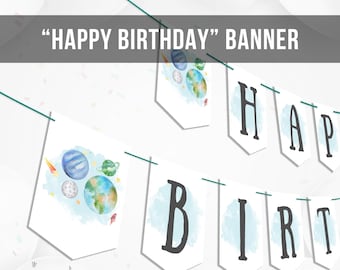 Happy Birthday Banner Space Galaxy Outer Banner Planets First Birthday Decorations Rocket Download Instant Digital Printable DIY 0002