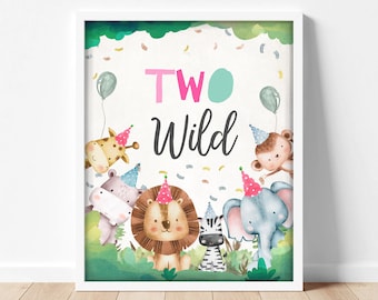 Animals Two Wild Birthday Sign Party One Wild Year Second Birthday 2nd Safari Girl Pink Baby Party Animals Zoo Decor Download Printable 0001