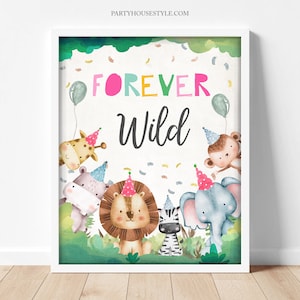 Animals Forever Wild Birthday Sign Party Four Ever Fourth Birthday Safari Girl Pink Baby Party Animals Zoo Decor Download Printable 0001