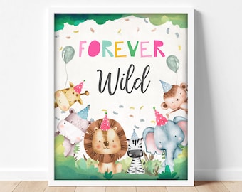 Animals Forever Wild Birthday Sign Party Four Ever Fourth Birthday Safari Girl Pink Baby Party Animals Zoo Decor Download Printable 0001