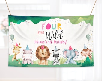Bearbeitbar Vier Ever Wild Party Tiere Backdrop Banner Vierter Geburtstag Safari Tiere Mädchen Willkommensschild Printable Vorlage Corjl 0001
