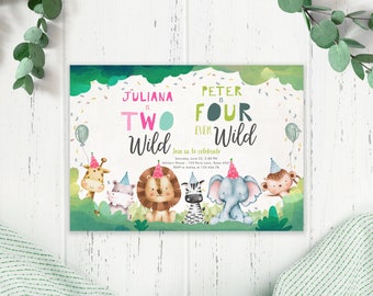 Editable Two Wild Four Ever Wild Birthday Invitation Party Animals Boy Girl Second Fourth 2nd 4th Safari Coed Joint Template Corjl 0001