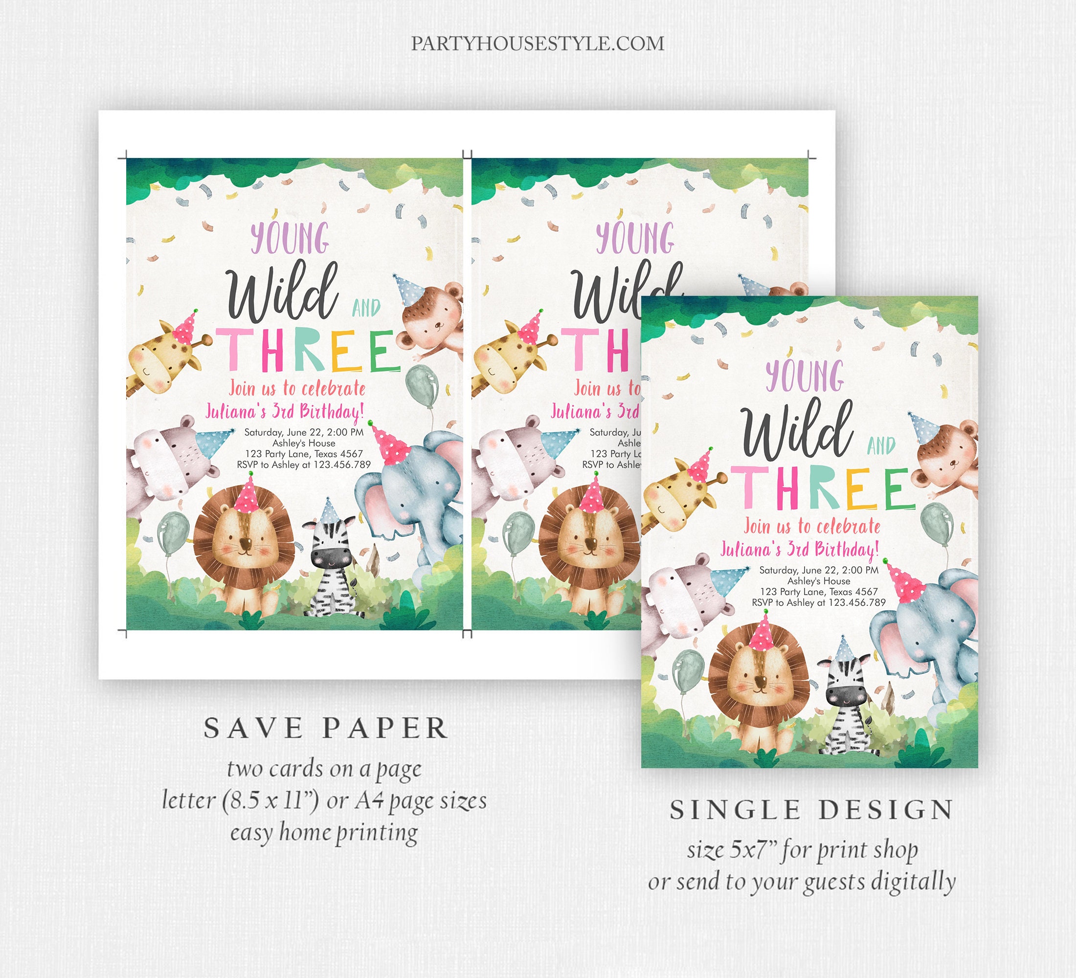 Editable Young Wild and Three Invitation Safari Animals Party Animals
