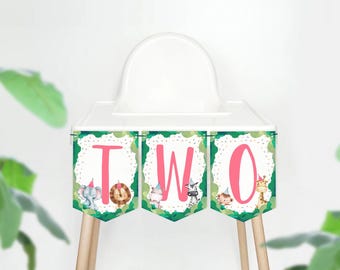 TWO High Chair Banner Animals Safari Pink Party Animals Two Wild Girl Second Birthday 2nd Decor Banner Download Digital Printable 0001