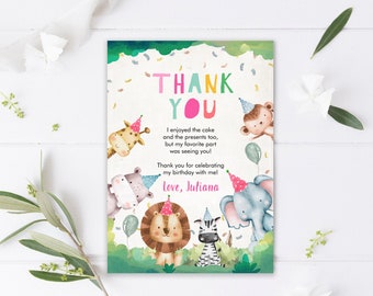Editable Thank You Card Birthday Safari Animals Wild One Two Wild Thank You Note Girl Pink Zoo Party Jungle Template Printable Corjl 0001