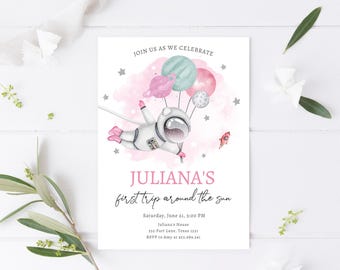 Editable Astronaut Space Birthday Invitation Girl Pink Galaxy Astronaut Trip Around the Sun Digital Download Template Printable Corjl 0004