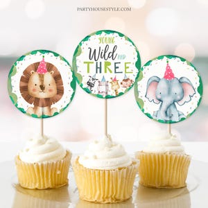 Party Animals Cupcake Toppers Favor Tags Third Birthday Party Boy Decoration Animals Safari Zoo Young Wild and Three Printable Digital 0001