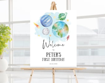 Editable Outer Space Birthday Welcome Sign 1st Birthday Galaxy Planets Trip Around the Sun Astronaut Boy Girl Printable Template Corjl 0002