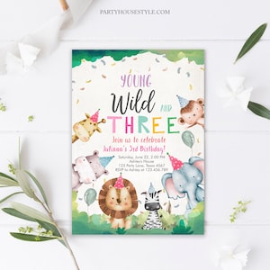 Editable Young Wild and Three Invitation Safari Animals Party Animals Girl Pink Third Birthday 3rd Zoo Digital Template Printable Corjl 0001