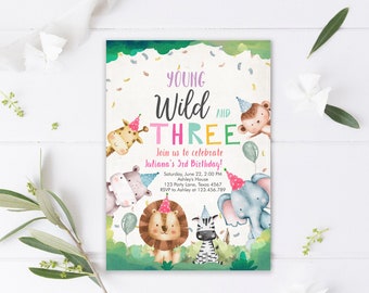 Editable Young Wild and Three Invitation Safari Animals Party Animals Girl Pink Third Birthday 3rd Zoo Digital Template Printable Corjl 0001