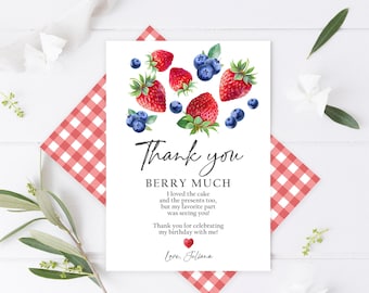 Editable Blueberry Strawberry Thank You Card Berry First Birthday Berry Sweet Farmers Market Download Digital Printable Corjl 0008