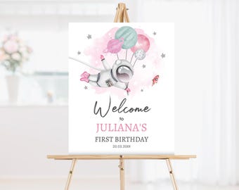 Editable Pink Planets Space Birthday Welcome Sign 1st Birthday Girl Pink Galaxy Trip Around the Sun Astronaut Printable Template Corjl 0004