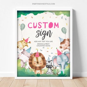 Editable Party Animals Custom Sign Girl Birthday Safari Animals Sign Wild One Decor Zoo Table Sign Decoration Template Printable Corjl 0001