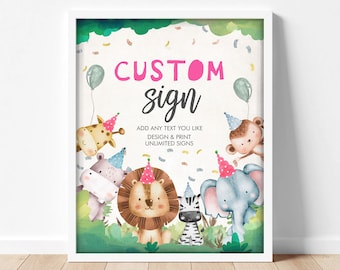 Editable Party Animals Custom Sign Girl Birthday Safari Animals Sign Wild One Decor Zoo Table Sign Decoration Template Printable Corjl 0001