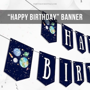 Happy Birthday Banner Galaxy Space Planets Banner Boy Outer Galaxy First Birthday Decorations Rocket Download Digital Printable DIY 0002