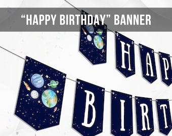 Happy Birthday Banner Galaxy Space Planets Banner Boy Outer Galaxy First Birthday Decorations Rocket Download Digital Printable DIY 0002