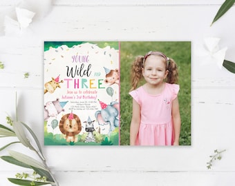 Editable Young Wild and Three Invitation Girl Pink Third Birthday 3rd Safari Animals Zoo Party Animals Invite Template Printable Corjl 0001