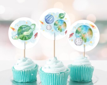 Space Galaxy Birthday Cupcake Toppers First Trip Around the Sun Favor Tags Outer Space Birthday Planets Digital Download Printable 0002