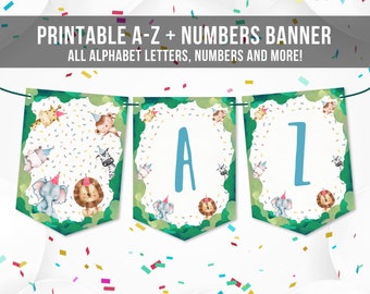 Alphabet Banner A bis Z + Zahl Geburtstag Dschungel Safari Tiere Zoo Boy Blau Tealild One Dekorationen Download DIY Digital Printable 0001