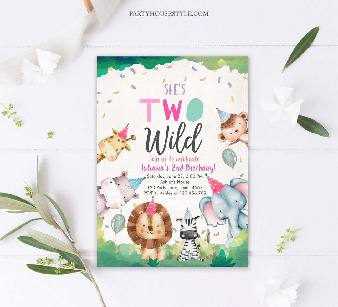 Editable Two Wild Birthday Invitation Girl Second Birthday 2nd Safari