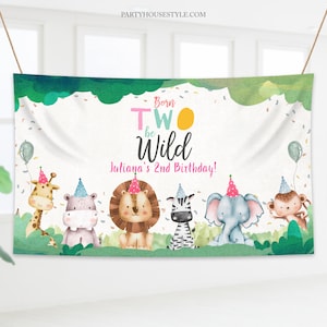 Bewerkbare feestbeesten verjaardag achtergrond banner safari dieren meisje geboren twee wees wild welkom teken download afdrukbare sjabloon Corjl 0001