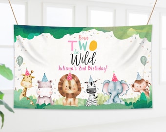 Editable Party Animals Birthday Backdrop Banner Safari Animals Girl Born Two Be Wild Welcome Sign Download Printable Template Corjl 0001