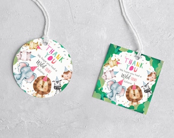 Bearbeitbare Party Animals Favor Tags Wild One Thank You Tag Safari Tiere Zoo Geburtstag Wild Time Boy Stickers Template Printable Corjl 0001
