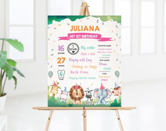 May include: A colorful jungle-themed first birthday milestone poster for a girl named Juliana. The poster features a cute lion, zebra, elephant, and giraffe, along with details like her weight (16 pounds), height (27 inches), number of teeth (6), favorite foods, first words, and things she can do.