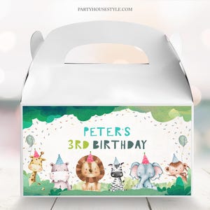 Editable Party Animals Gable Box Safari Animals Birthday Gift Box Labels Jungle Boy Wild and Three Digital Template Printable Corjl 0001
